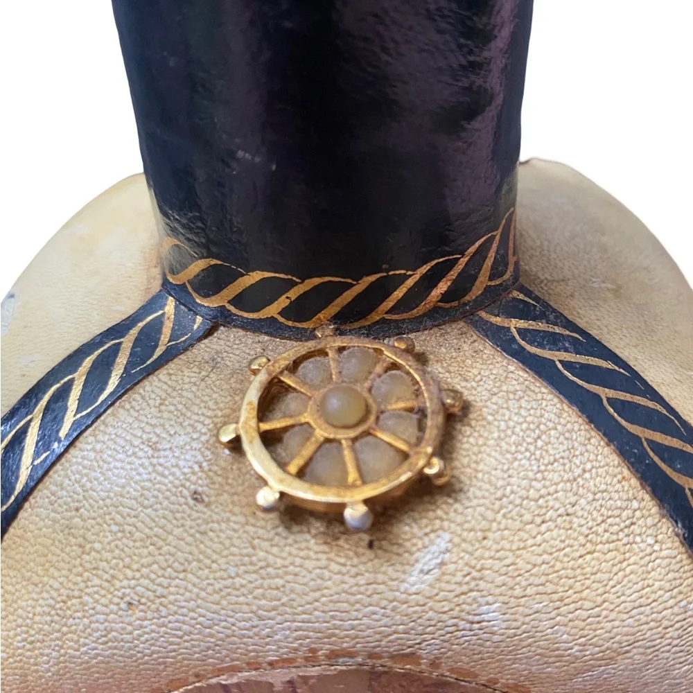 Vintage Italian Leather Wrapped‎ Glass Nautical Theme Decanter w/Wooden Stopper